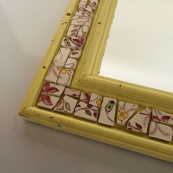 Mosaic Yellow Mirror Handcrafted Floral Tile Frame Shabby Chic Wall Decor VTG - Picture 2 of 8